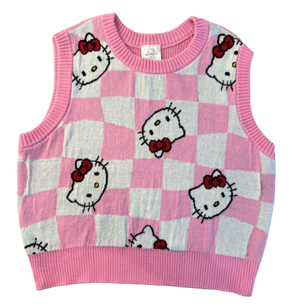 Hello Kitty Sanrio Pink Checkered Sweater Vest Knit Sleeveless Top‎ Large Y2K